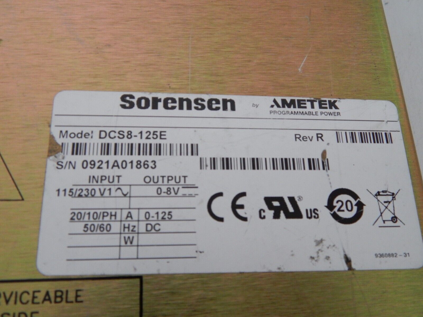 Sorensen DCS8-125E DC Power Supply 8V @ 125A Sorensen DCS8-125E DC Power Supply 8V @ 125A
